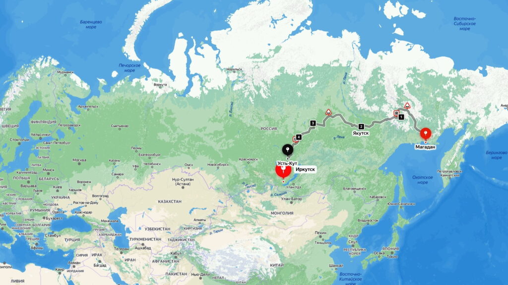 Карта путешествия Магадан - Якутск - Москва